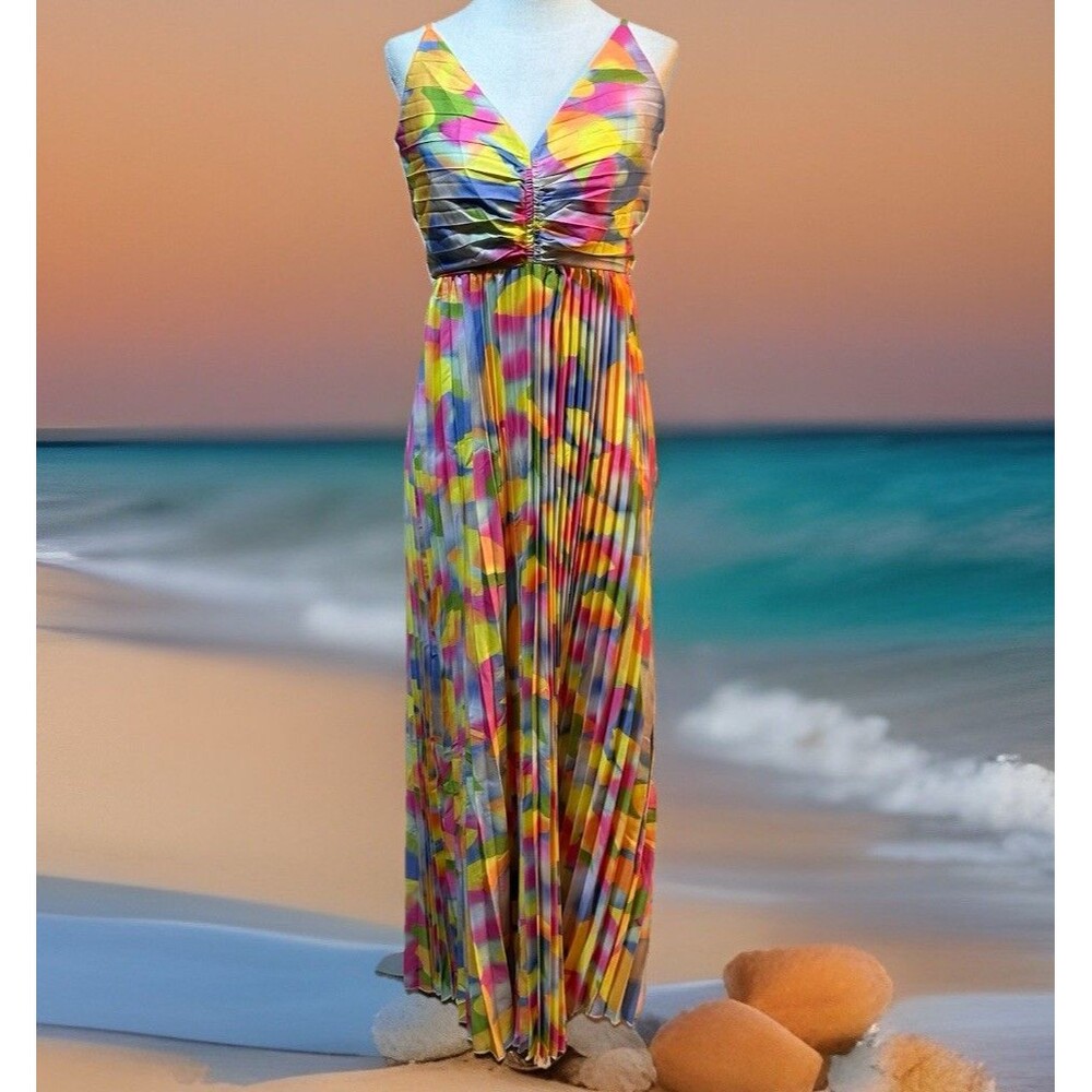 Pastel Halter Maxi Dress Accordion Pleated Skirt Resort Boho Beachy One Size